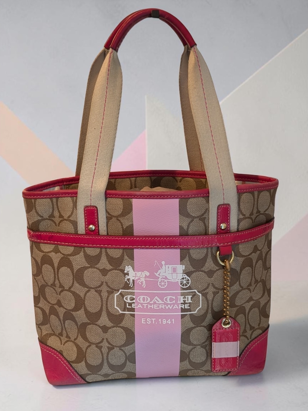 Coach Y2K Signature Pink Patent Tote Tattersall Interior 11249